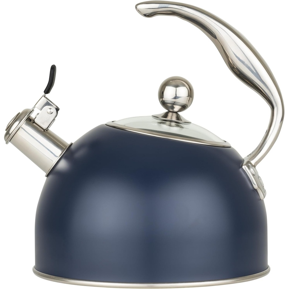 image:imageViking 3Ply Stainless Steel Tea Kettle 26 Quart Stovetop Hot Water Pot with Tempered Glass Lid Ergonomic Handle Induction Ready Slate and BlueSlate Blue