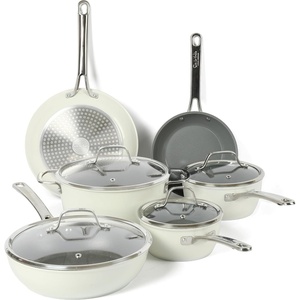 image:imageSur La Table Kitchen Essentials 10 Piece PFA Free NonToxic Titanium Ceramic Nonstick Interior Forged Aluminum Cookware Pots and Pans Set  Green  Induction CompatibleLinen White