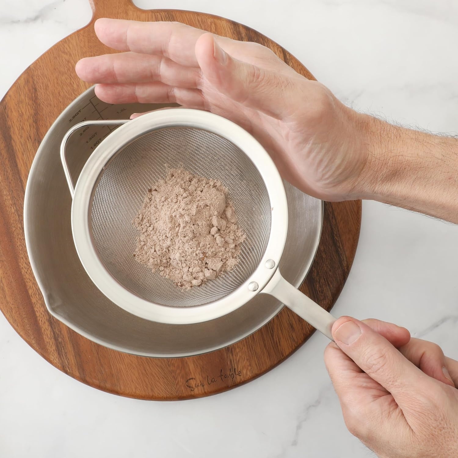 image:imageSur La Table Kitchen Essential Stainless Steel WWalnut Handle 55 Inch Mesh Strainer and SifterWalnut Co StainlessWalnut