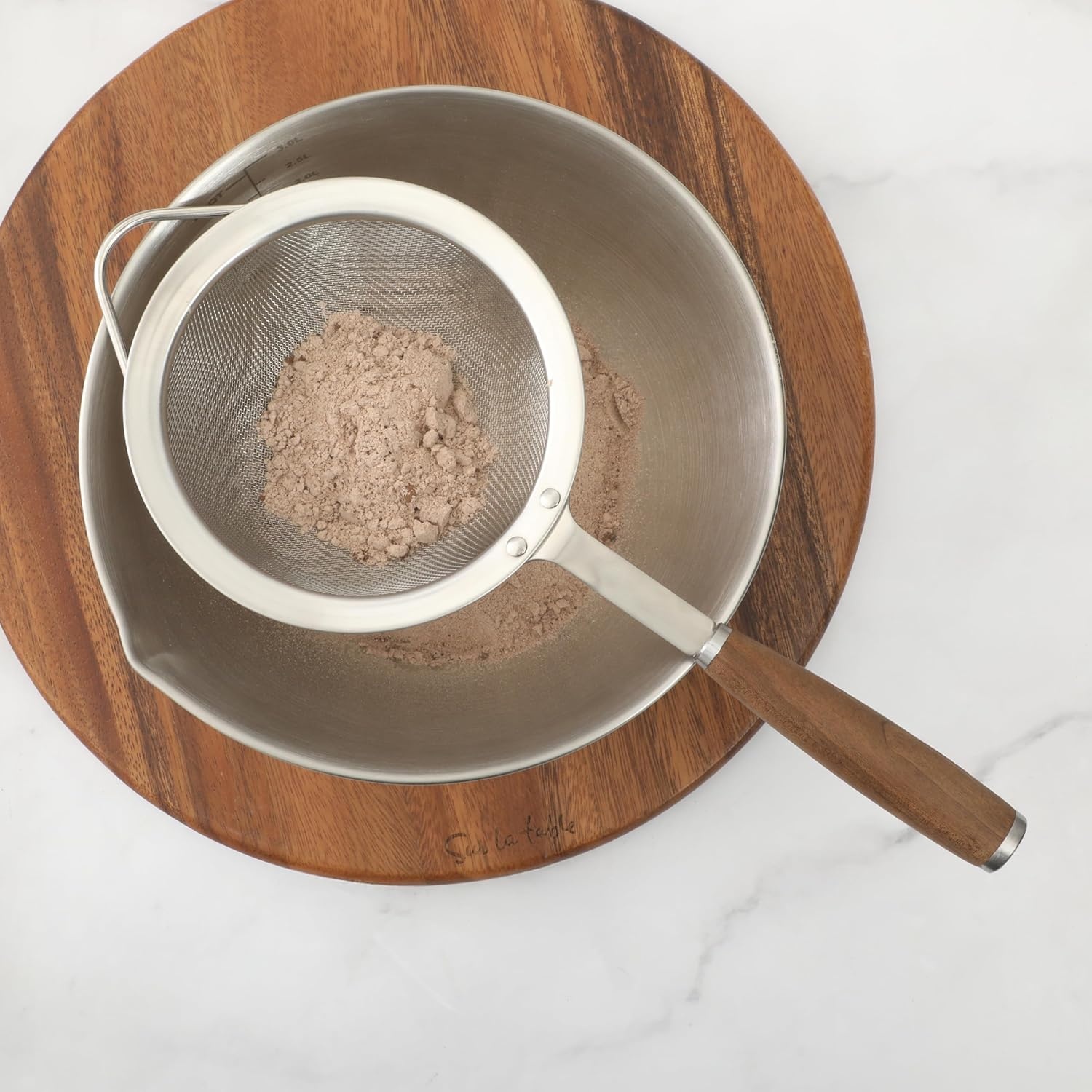 image:imageSur La Table Kitchen Essential Stainless Steel WWalnut Handle 55 Inch Mesh Strainer and SifterWalnut Co StainlessWalnut