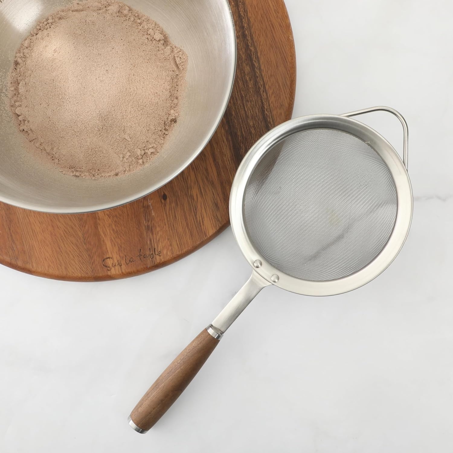 image:imageSur La Table Kitchen Essential Stainless Steel WWalnut Handle 55 Inch Mesh Strainer and SifterWalnut Co StainlessWalnut