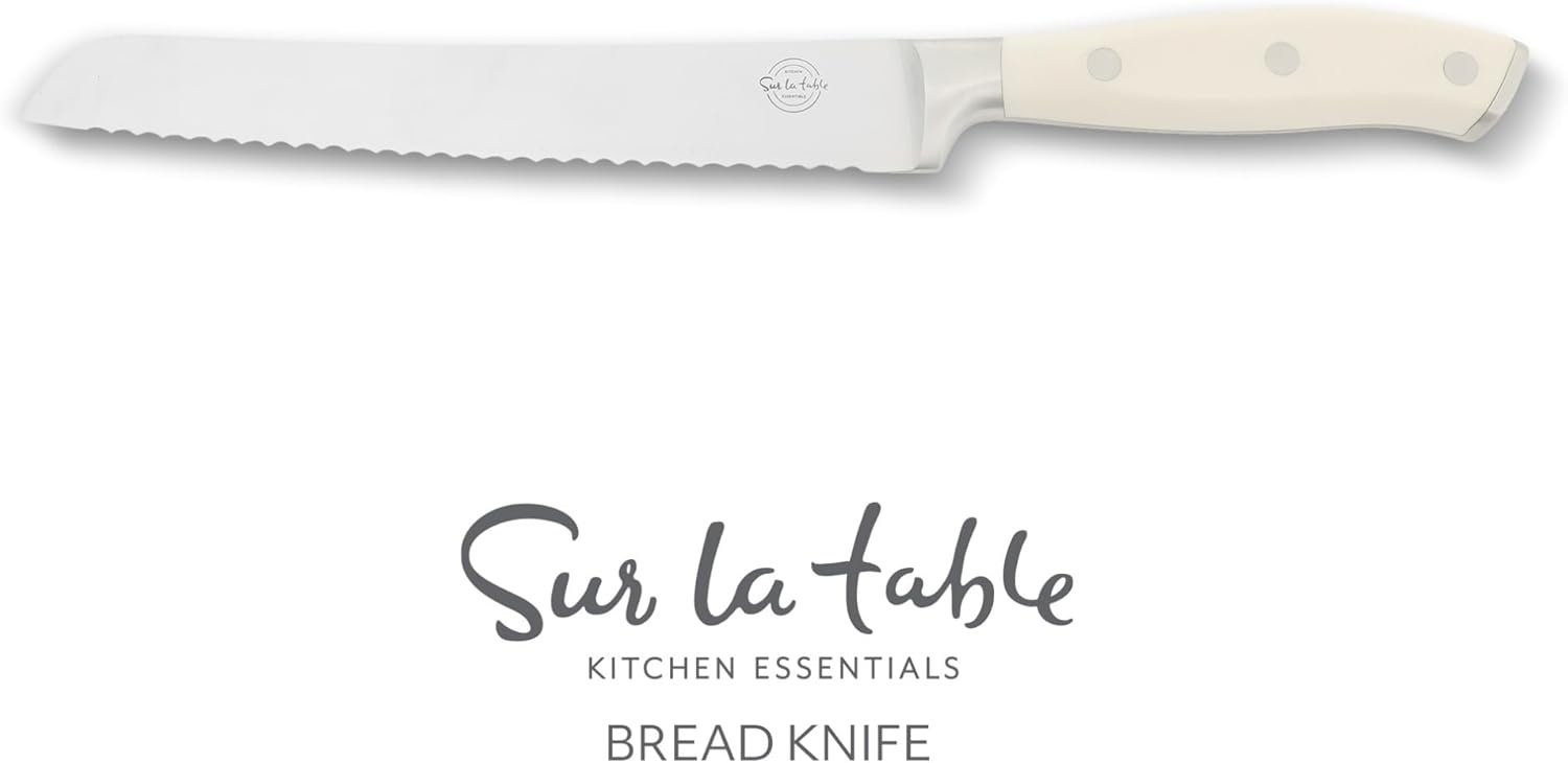 image:imageSur La Table Kitchen Essential Tasting Kitchen German Steel Bread Knife 8Inch Stainless Steel Blade Professional Kitchen Knife with White Handle and Forged Full Tang
