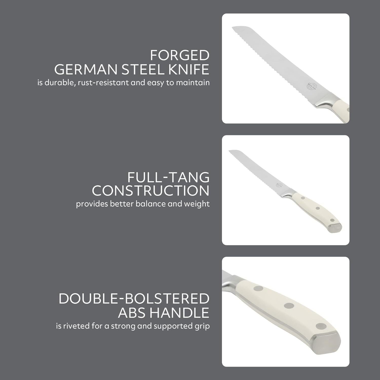 image:imageSur La Table Kitchen Essential Tasting Kitchen German Steel Bread Knife 8Inch Stainless Steel Blade Professional Kitchen Knife with White Handle and Forged Full Tang