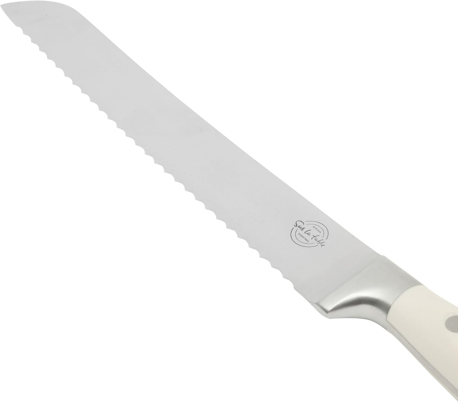 image:imageSur La Table Kitchen Essential Tasting Kitchen German Steel Bread Knife 8Inch Stainless Steel Blade Professional Kitchen Knife with White Handle and Forged Full Tang