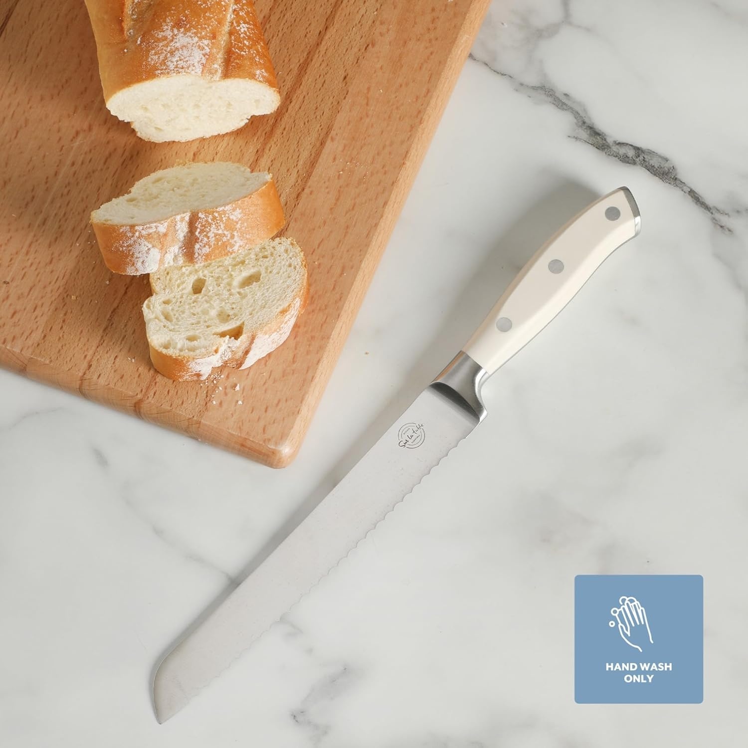image:imageSur La Table Kitchen Essential Tasting Kitchen German Steel Bread Knife 8Inch Stainless Steel Blade Professional Kitchen Knife with White Handle and Forged Full Tang