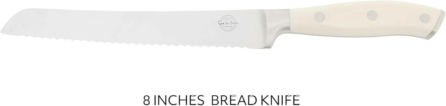 image:imageSur La Table Kitchen Essential Tasting Kitchen German Steel Bread Knife 8Inch Stainless Steel Blade Professional Kitchen Knife with White Handle and Forged Full Tang