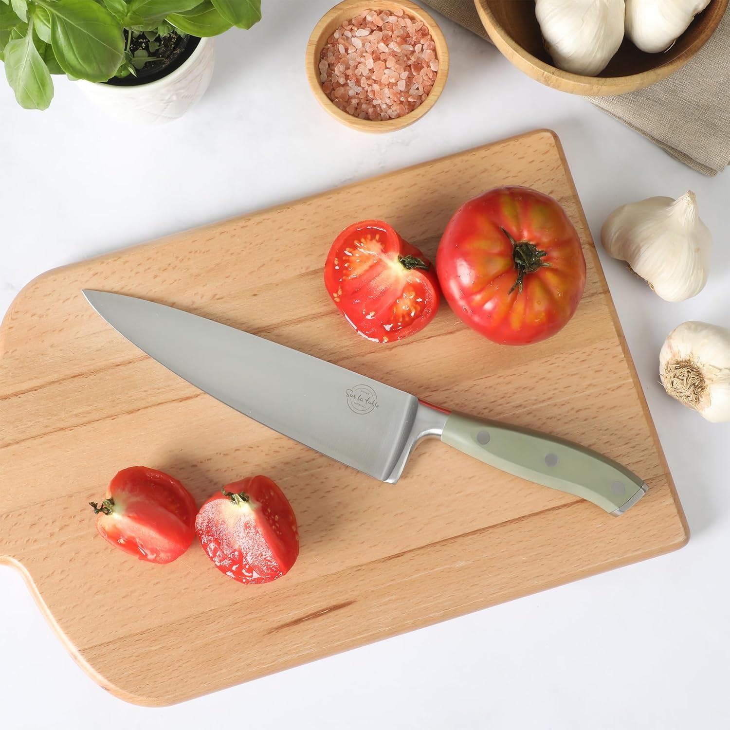 image:imageSur La Table Kitchen Essential Tasting Kitchen German Steel Chefs Knife 8Inch Stainless Steel Blade Professional Kitchen Knife with Black Handle and Forged Full TangJuniper Green
