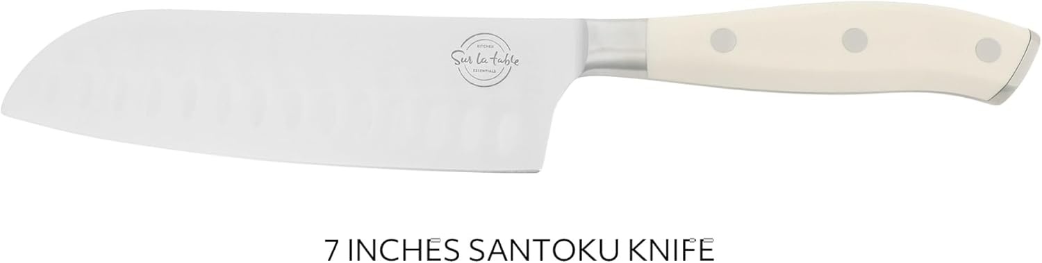 image:imageSur La Table Kitchen Essential Tasting Kitchen German Steel Santoku Knife 7Inch Stainless Steel Blade Professional Kitchen Knife with White Handle and Forged Full TangEggshell White 7 Santoku