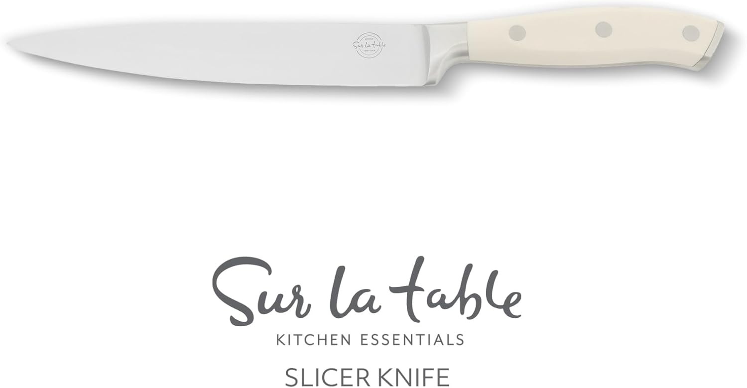 image:imageSur La Table Kitchen Essential Tasting Kitchen German Steel Santoku Knife 7Inch Stainless Steel Blade Professional Kitchen Knife with White Handle and Forged Full TangEggshell White 8 Slicer