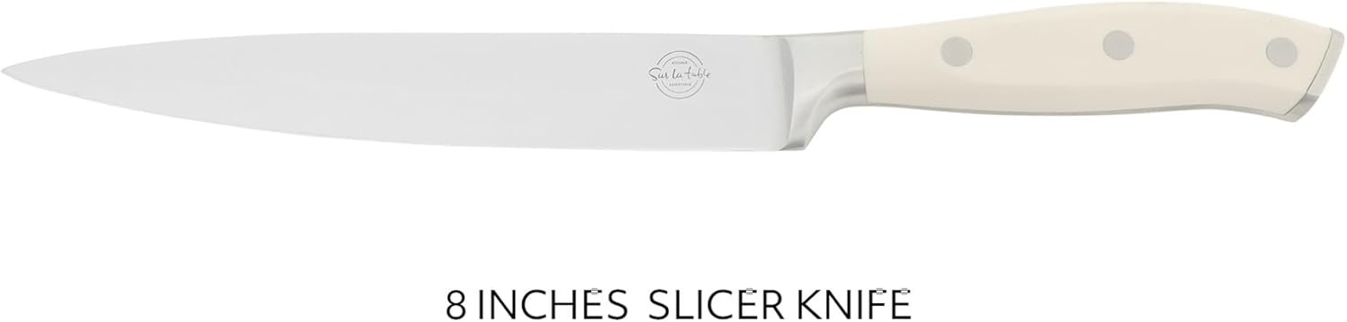 image:imageSur La Table Kitchen Essential Tasting Kitchen German Steel Santoku Knife 7Inch Stainless Steel Blade Professional Kitchen Knife with White Handle and Forged Full TangEggshell White 8 Slicer