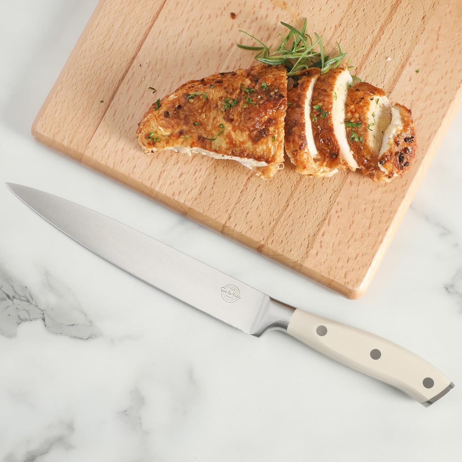 image:imageSur La Table Kitchen Essential Tasting Kitchen German Steel Santoku Knife 7Inch Stainless Steel Blade Professional Kitchen Knife with White Handle and Forged Full TangEggshell White 8 Slicer