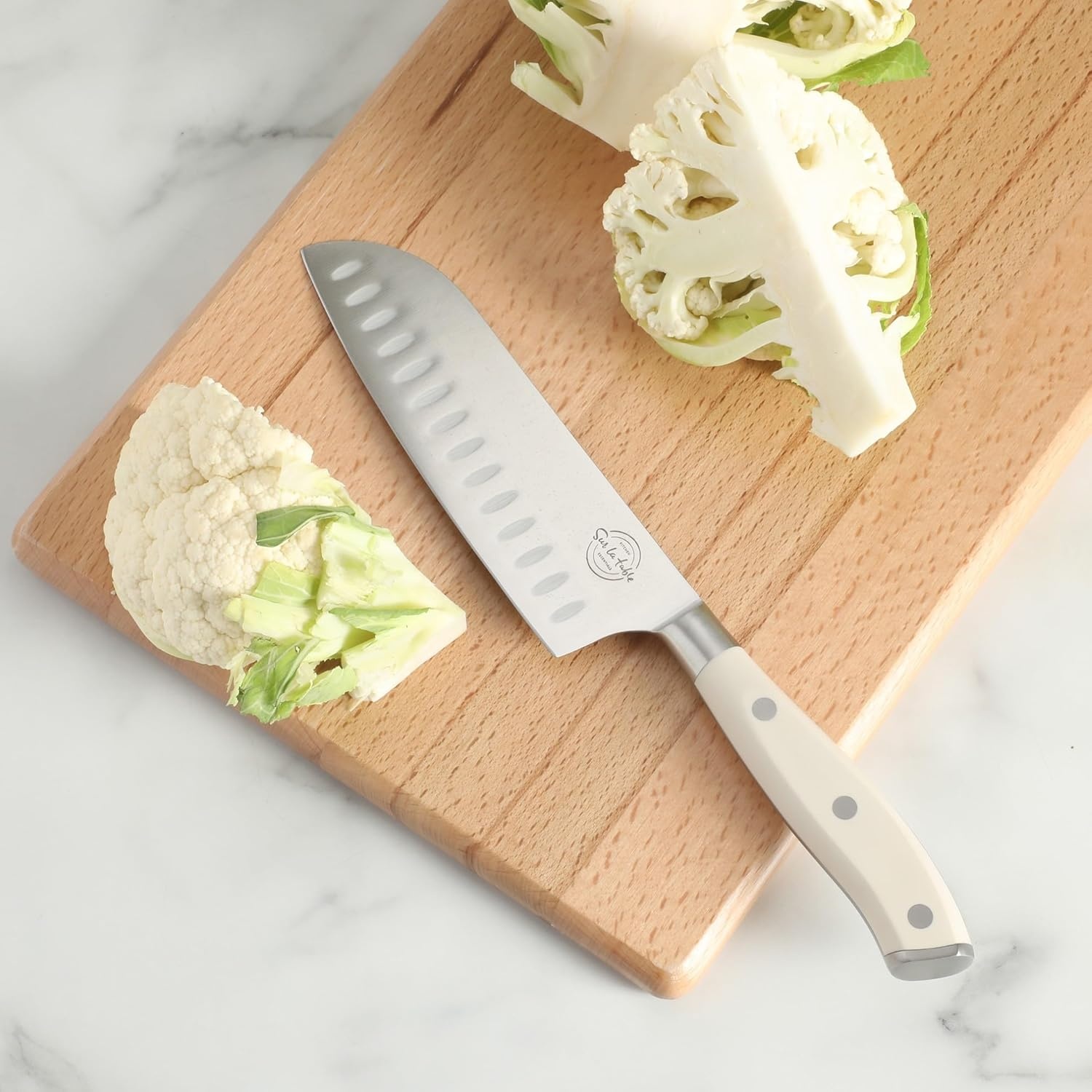 image:imageSur La Table Kitchen Essential Tasting Kitchen German Steel Santoku Knife 7Inch Stainless Steel Blade Professional Kitchen Knife with White Handle and Forged Full TangEggshell White 7 Santoku