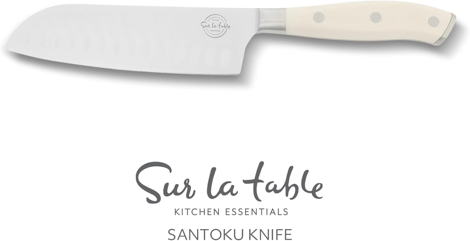image:imageSur La Table Kitchen Essential Tasting Kitchen German Steel Santoku Knife 7Inch Stainless Steel Blade Professional Kitchen Knife with White Handle and Forged Full TangEggshell White 7 Santoku
