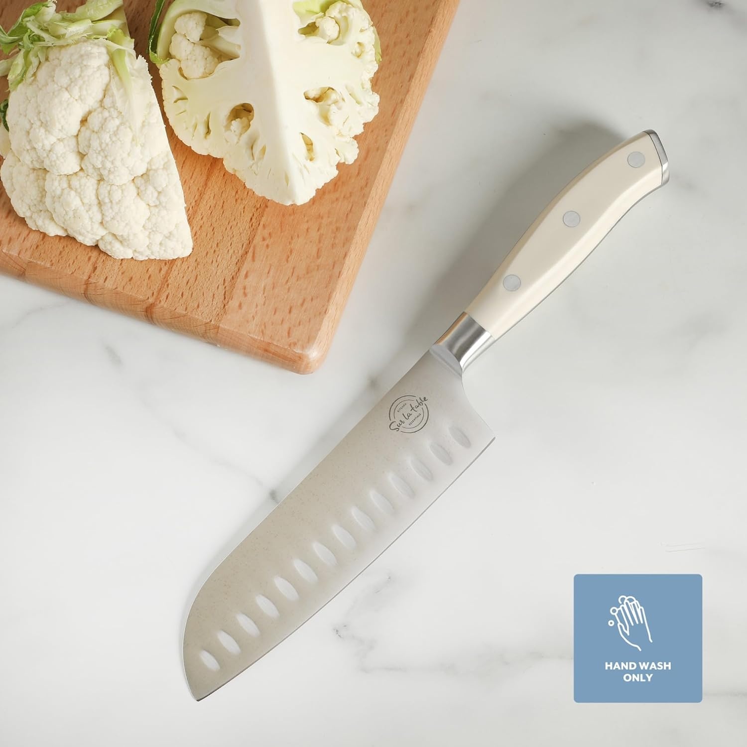 image:imageSur La Table Kitchen Essential Tasting Kitchen German Steel Santoku Knife 7Inch Stainless Steel Blade Professional Kitchen Knife with White Handle and Forged Full TangEggshell White 7 Santoku
