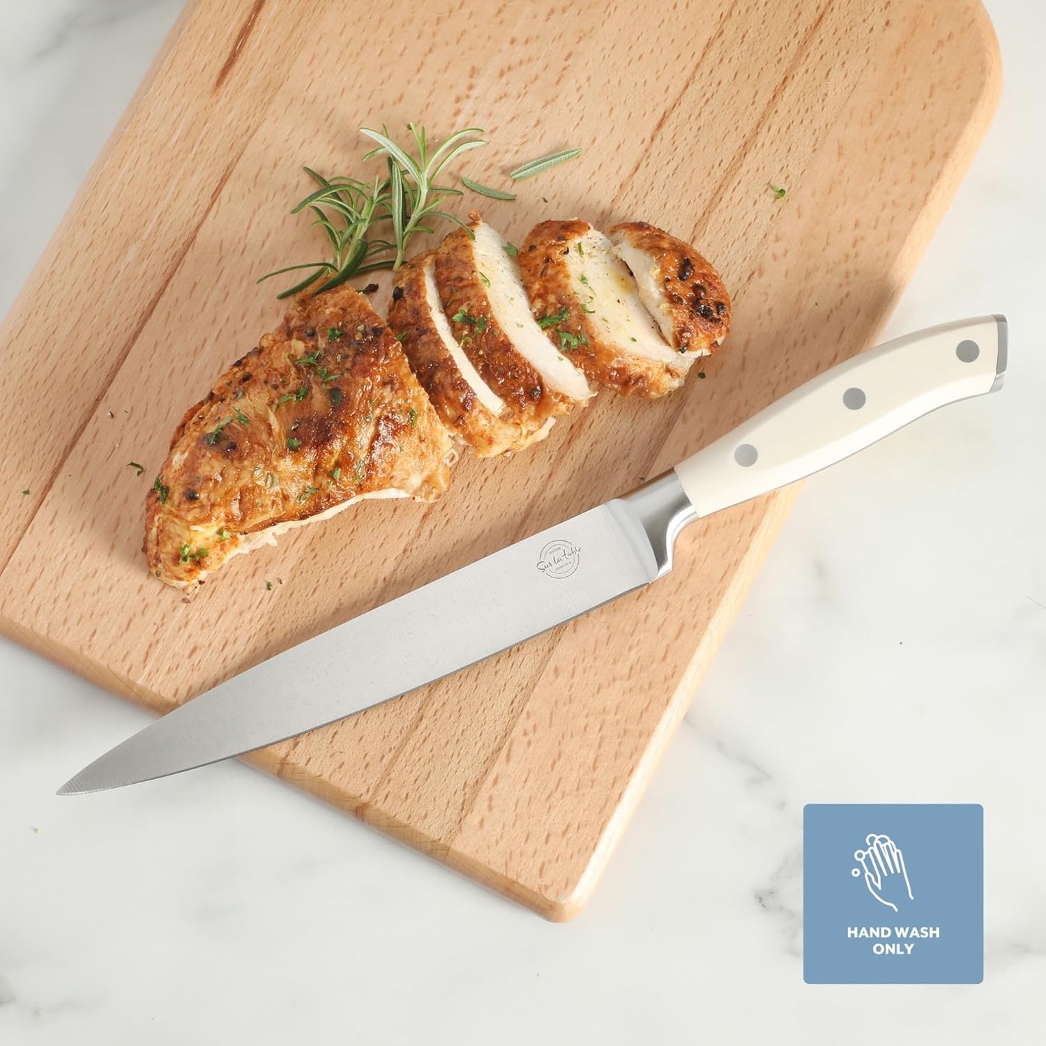 image:imageSur La Table Kitchen Essential Tasting Kitchen German Steel Santoku Knife 7Inch Stainless Steel Blade Professional Kitchen Knife with White Handle and Forged Full TangEggshell White 8 Slicer