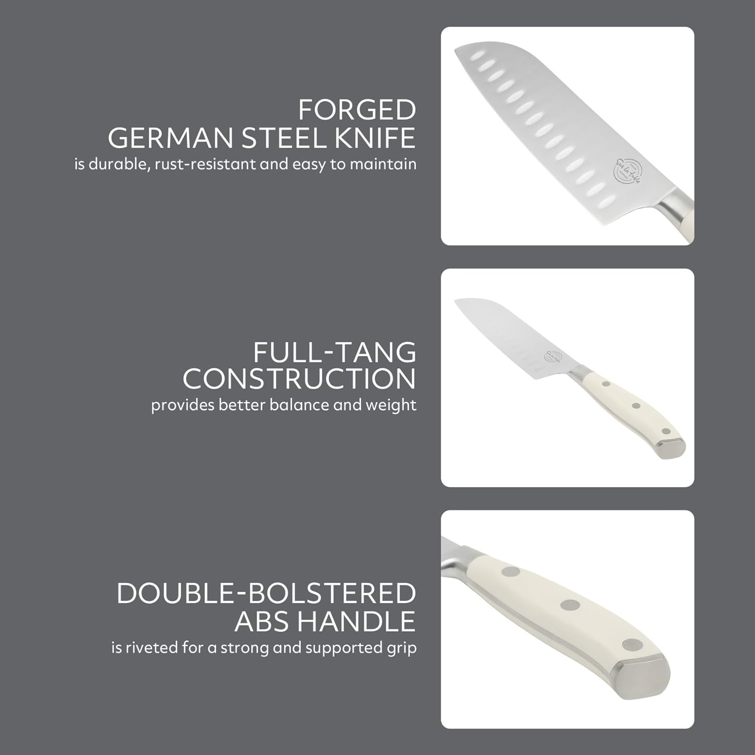 image:imageSur La Table Kitchen Essential Tasting Kitchen German Steel Santoku Knife 7Inch Stainless Steel Blade Professional Kitchen Knife with White Handle and Forged Full TangEggshell White 7 Santoku