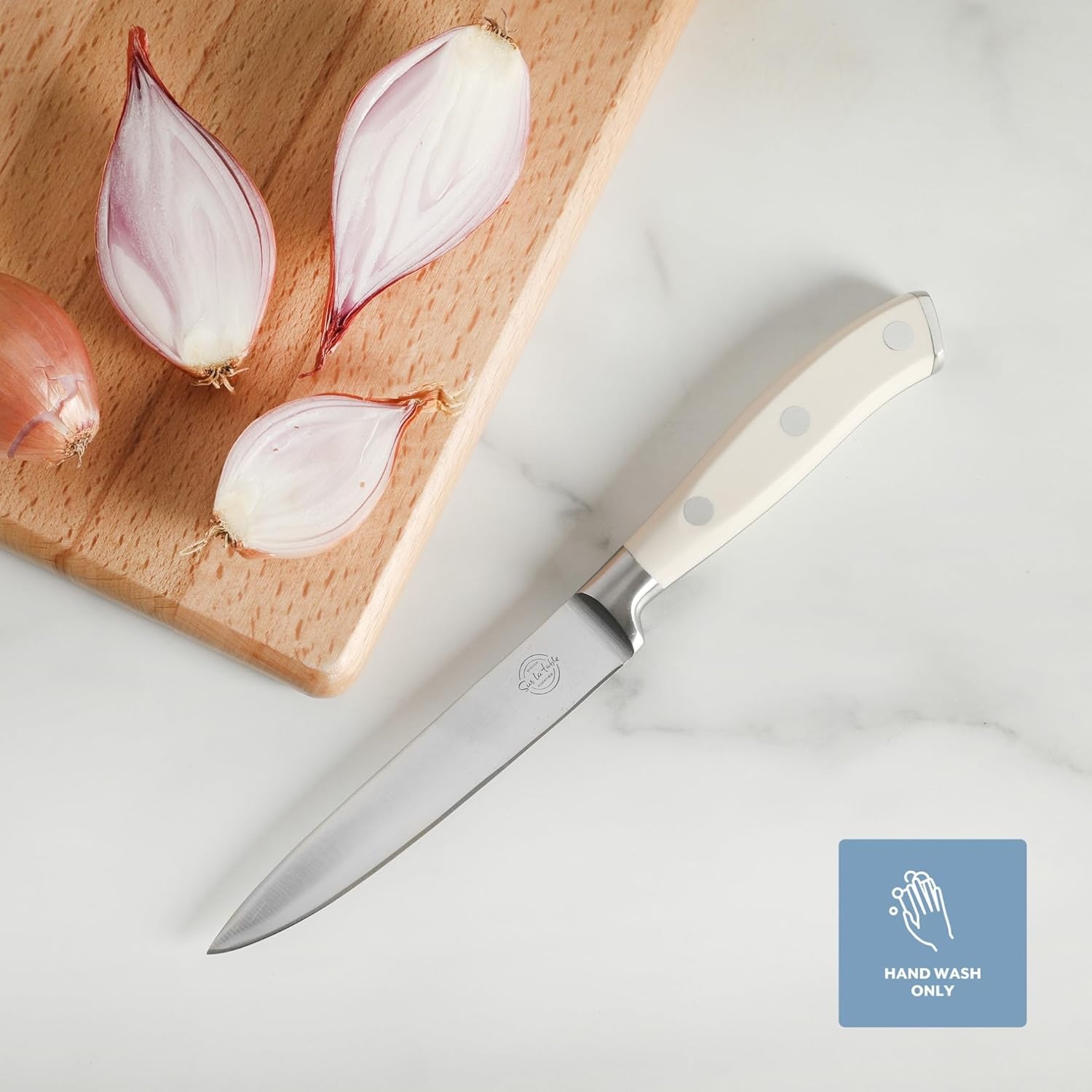 image:imageSur La Table Kitchen Essential Tasting Kitchen German Steel Santoku Knife 7Inch Stainless Steel Blade Professional Kitchen Knife with White Handle and Forged Full TangEggshell White 5 Utility