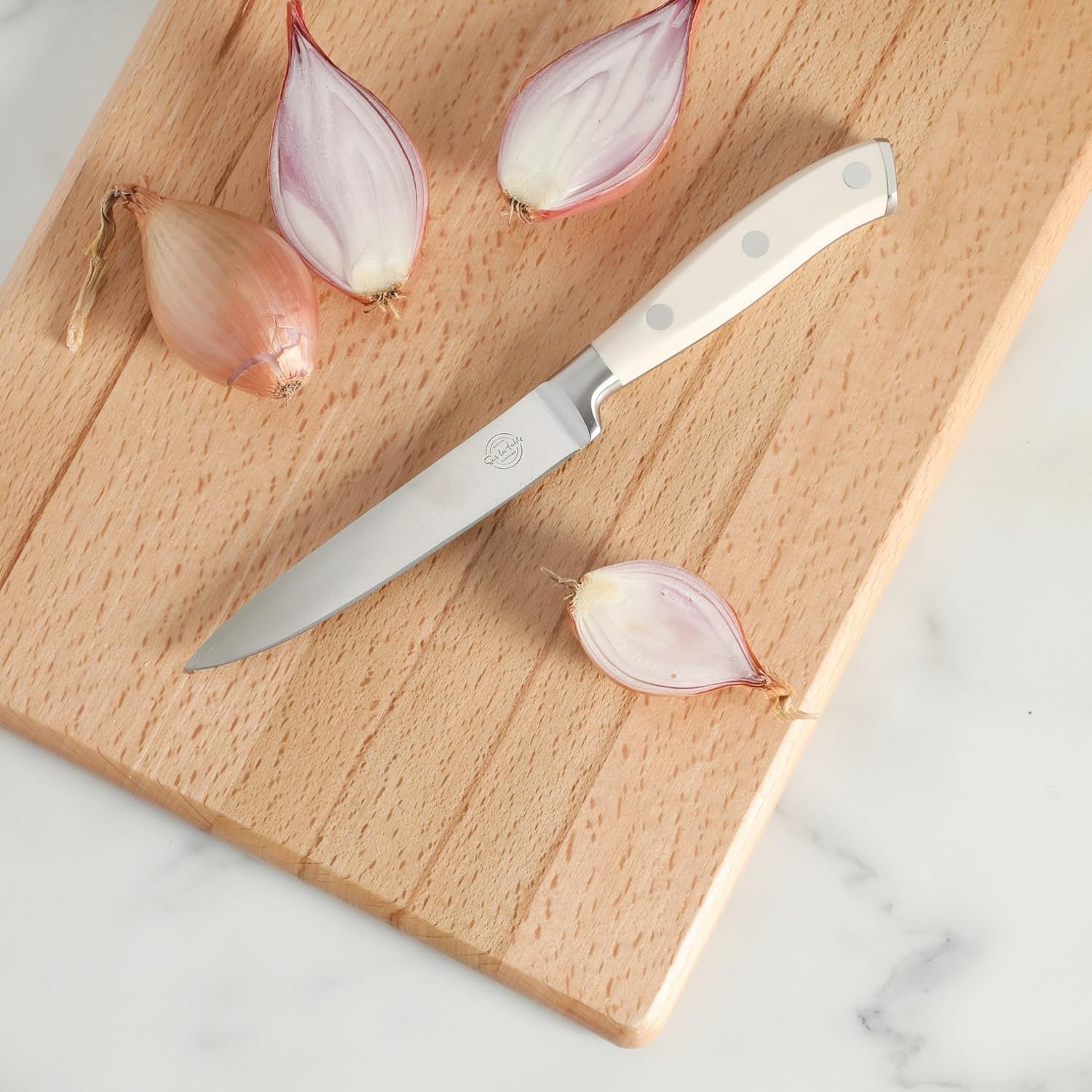 image:imageSur La Table Kitchen Essential Tasting Kitchen German Steel Santoku Knife 7Inch Stainless Steel Blade Professional Kitchen Knife with White Handle and Forged Full TangEggshell White 5 Utility