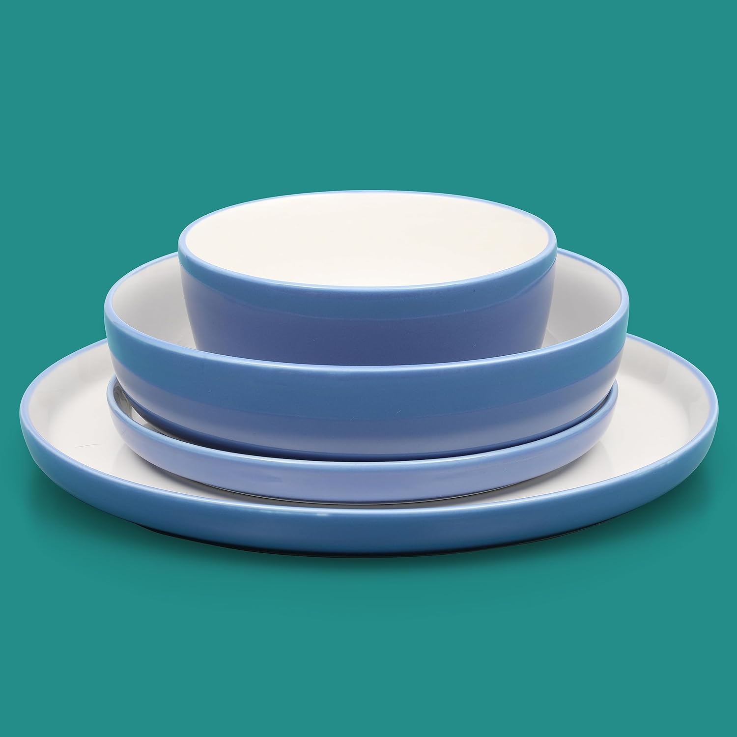 image:imageSur La Table Kitchen Essentials 16 Piece TwoTone Porcelain Chip and Scratch Resistant Dinnerware Plates and Bowls Set RedWhiteBlueWhite