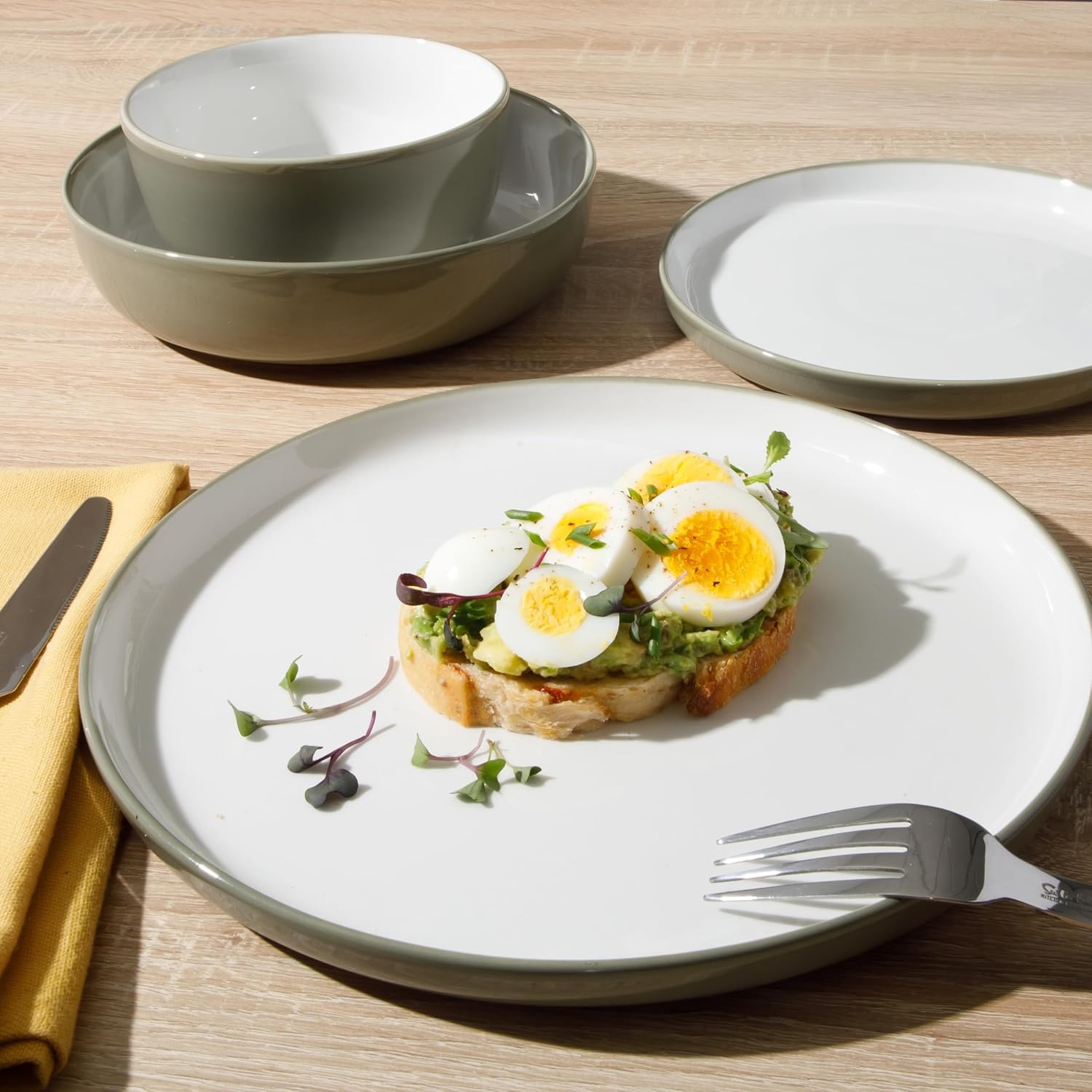 image:imageSur La Table Kitchen Essentials 16 Piece TwoTone Porcelain Chip and Scratch Resistant Dinnerware Plates and Bowls Set RedWhiteGreyWhite
