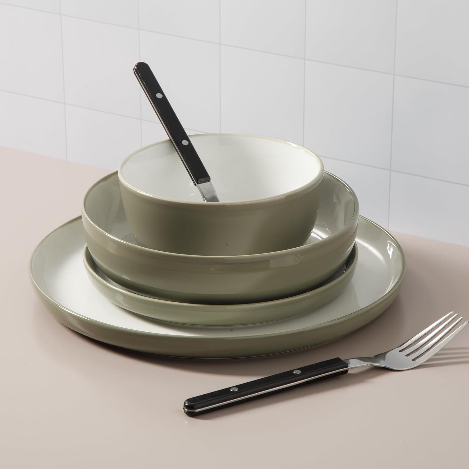 image:imageSur La Table Kitchen Essentials 16 Piece TwoTone Porcelain Chip and Scratch Resistant Dinnerware Plates and Bowls Set RedWhiteGreyWhite