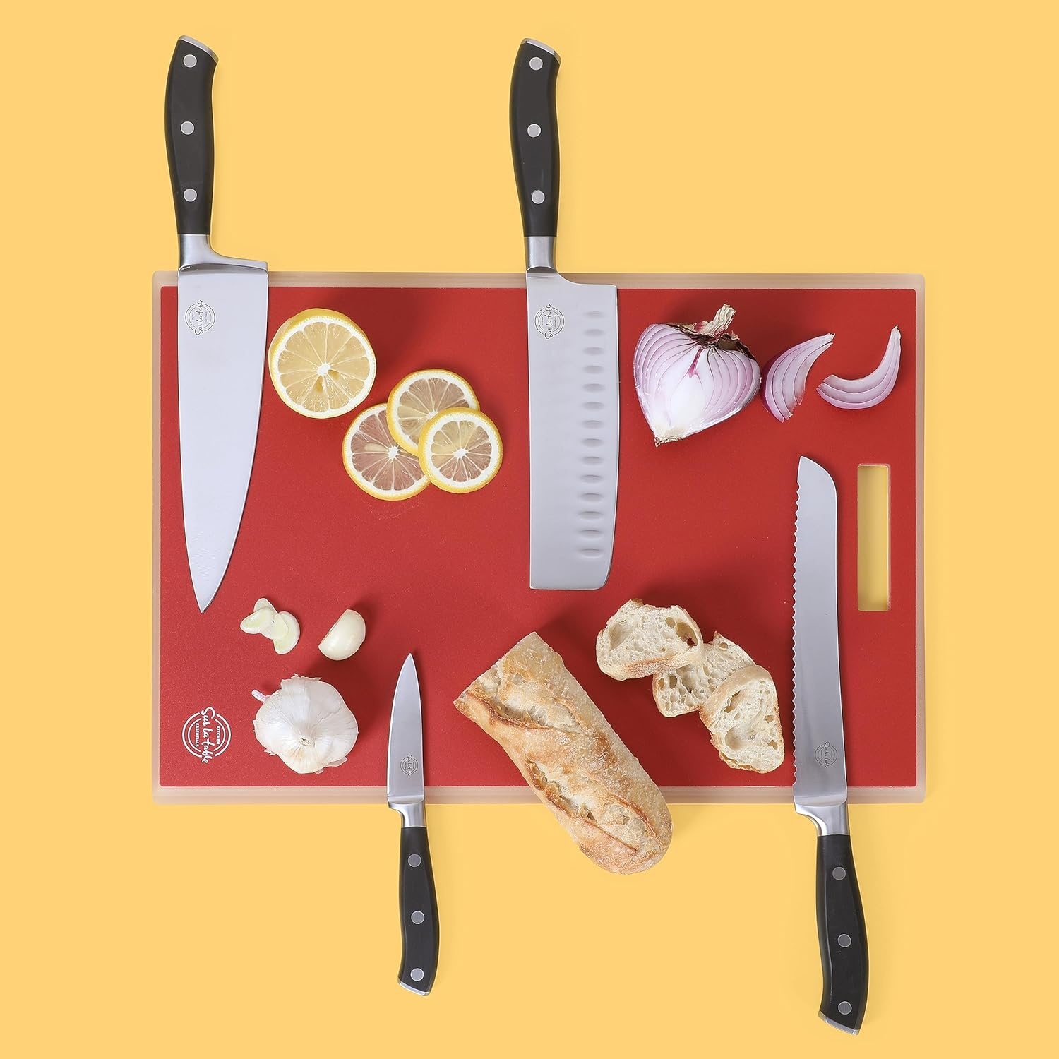 image:imageSur La Table Kitchen Essentials 5 Piece German Steel Blade wTriple Riveted Handle Set on Beechwood Magnetic Block BlackBlack 5pc Set