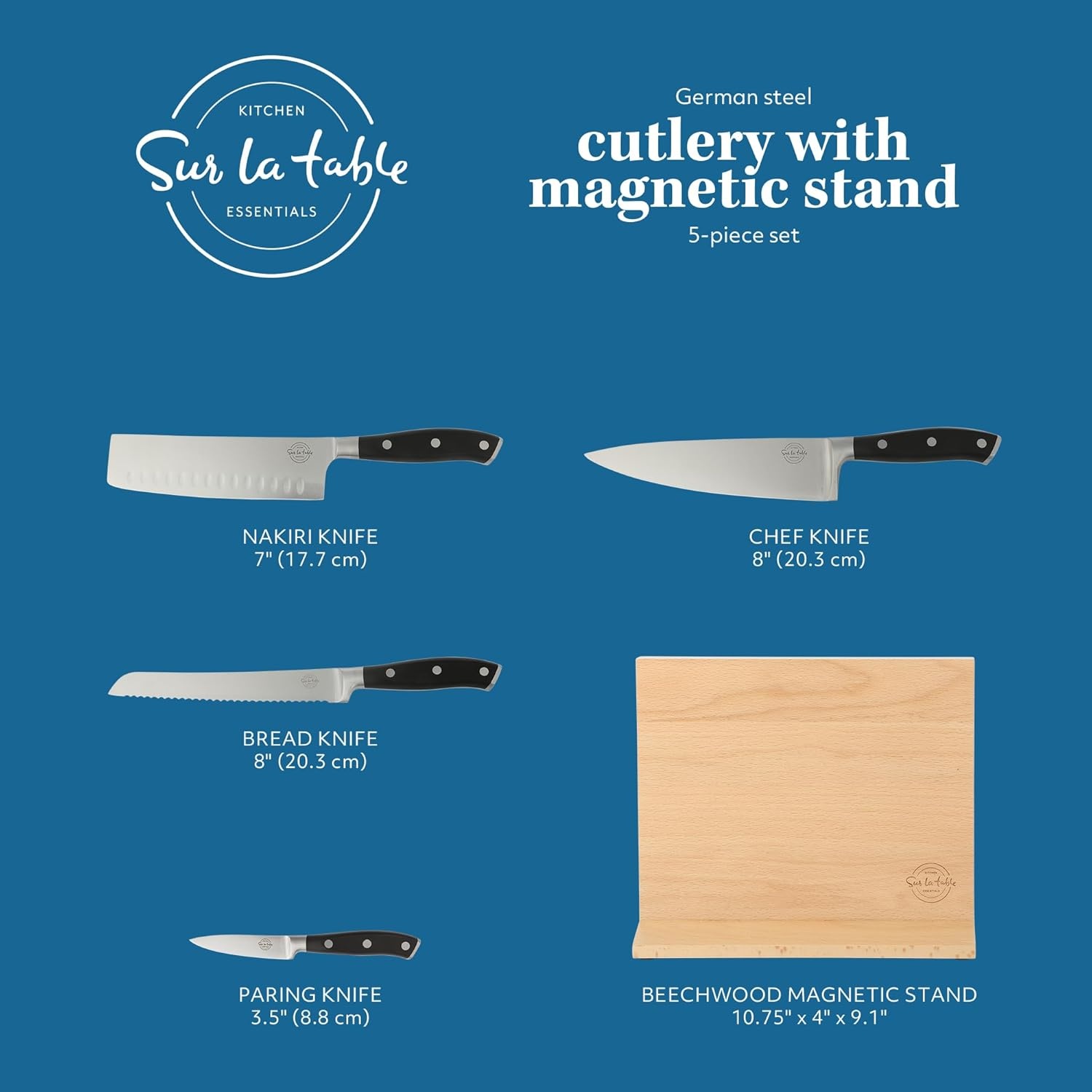 image:imageSur La Table Kitchen Essentials 5 Piece German Steel Blade wTriple Riveted Handle Set on Beechwood Magnetic Block BlackBlack 5pc Set