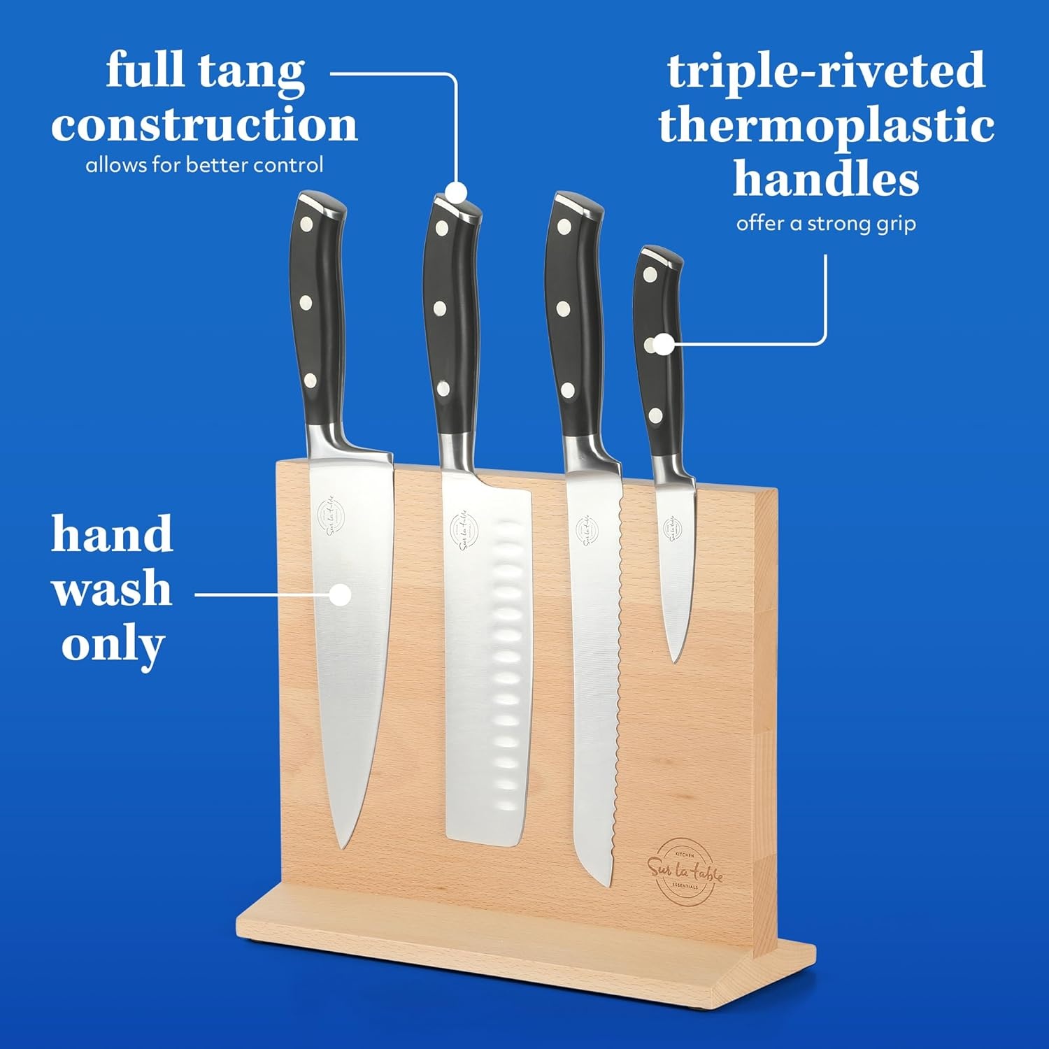 image:imageSur La Table Kitchen Essentials 5 Piece German Steel Blade wTriple Riveted Handle Set on Beechwood Magnetic Block BlackBlack 5pc Set
