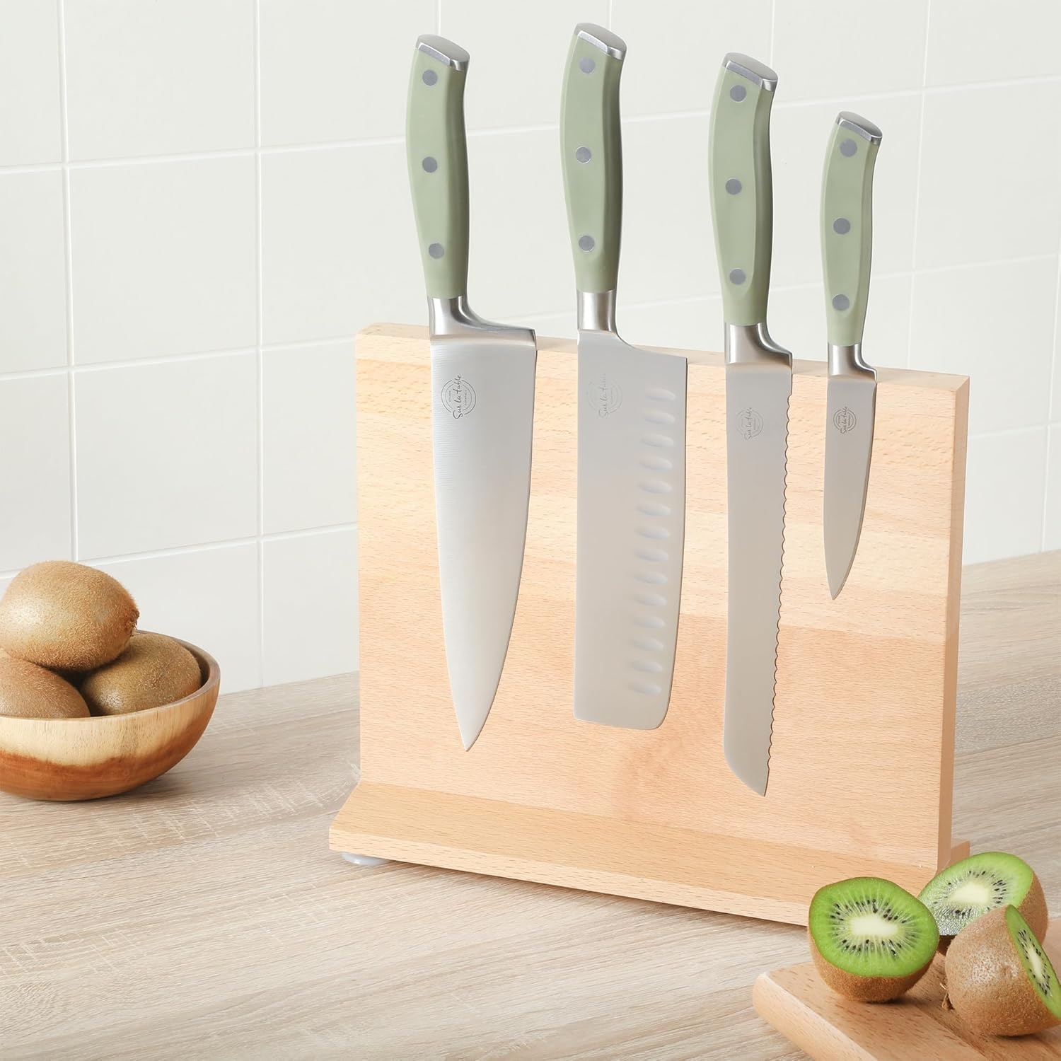 image:imageSur La Table Kitchen Essentials 5 Piece German Steel Blade wTriple Riveted Handle Set on Beechwood Magnetic Block BlackJuniper Green 5pc Set