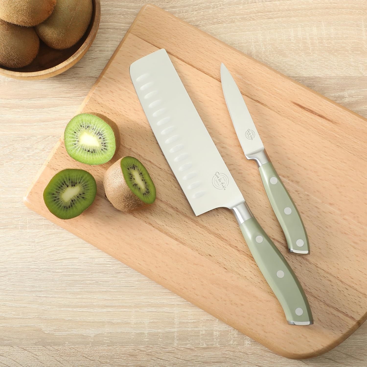 image:imageSur La Table Kitchen Essentials 5 Piece German Steel Blade wTriple Riveted Handle Set on Beechwood Magnetic Block BlackJuniper Green 5pc Set