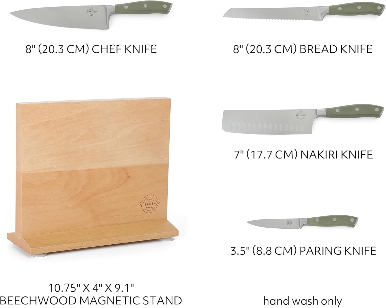 image:imageSur La Table Kitchen Essentials 5 Piece German Steel Blade wTriple Riveted Handle Set on Beechwood Magnetic Block BlackJuniper Green 5pc Set