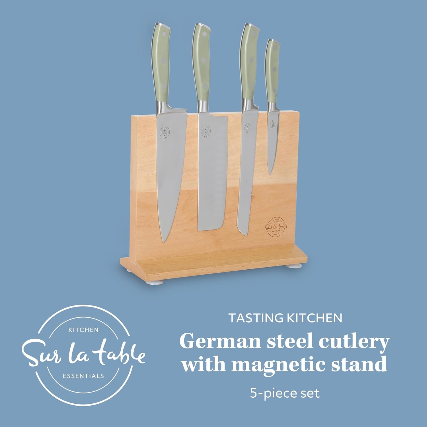 image:imageSur La Table Kitchen Essentials 5 Piece German Steel Blade wTriple Riveted Handle Set on Beechwood Magnetic Block BlackJuniper Green 5pc Set