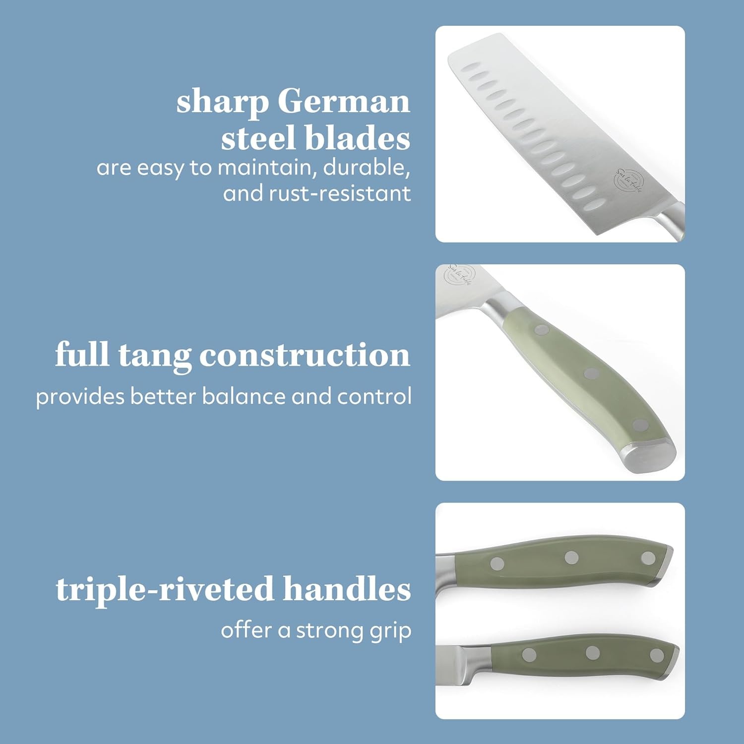 image:imageSur La Table Kitchen Essentials 5 Piece German Steel Blade wTriple Riveted Handle Set on Beechwood Magnetic Block BlackJuniper Green 5pc Set
