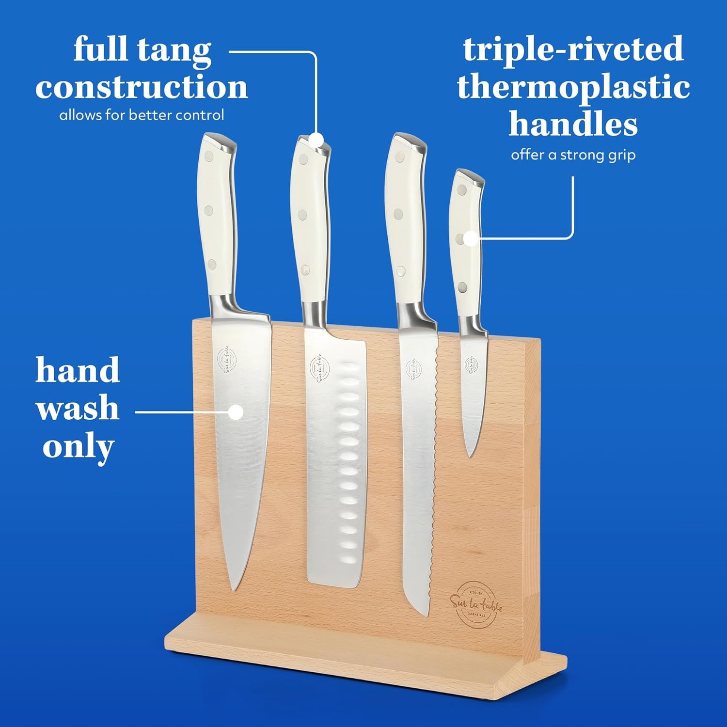 image:imageSur La Table Kitchen Essentials 5 Piece German Steel Blade wTriple Riveted Handle Set on Beechwood Magnetic Block BlackLinen White 5pc Set