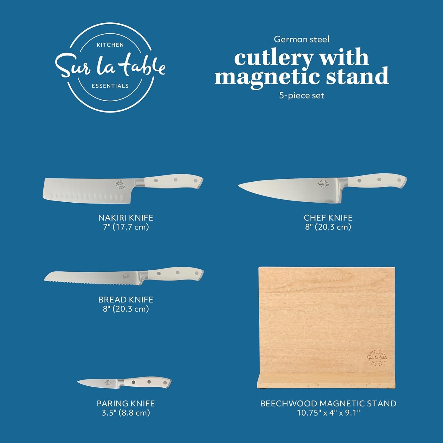 image:imageSur La Table Kitchen Essentials 5 Piece German Steel Blade wTriple Riveted Handle Set on Beechwood Magnetic Block BlackLinen White 5pc Set