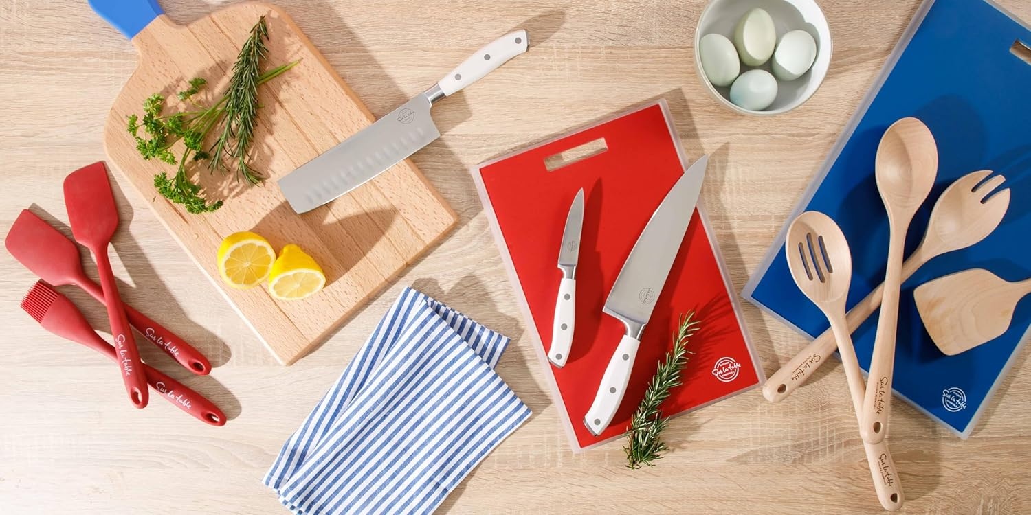 image:imageSur La Table Kitchen Essentials 5 Piece German Steel Blade wTriple Riveted Handle Set on Beechwood Magnetic Block BlackLinen White 5pc Set