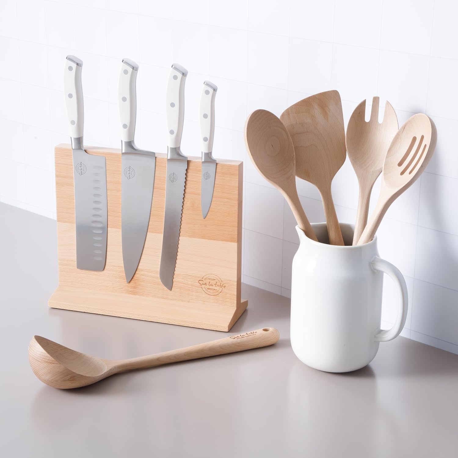 image:imageSur La Table Kitchen Essentials 5 Piece German Steel Blade wTriple Riveted Handle Set on Beechwood Magnetic Block BlackLinen White 5pc Set