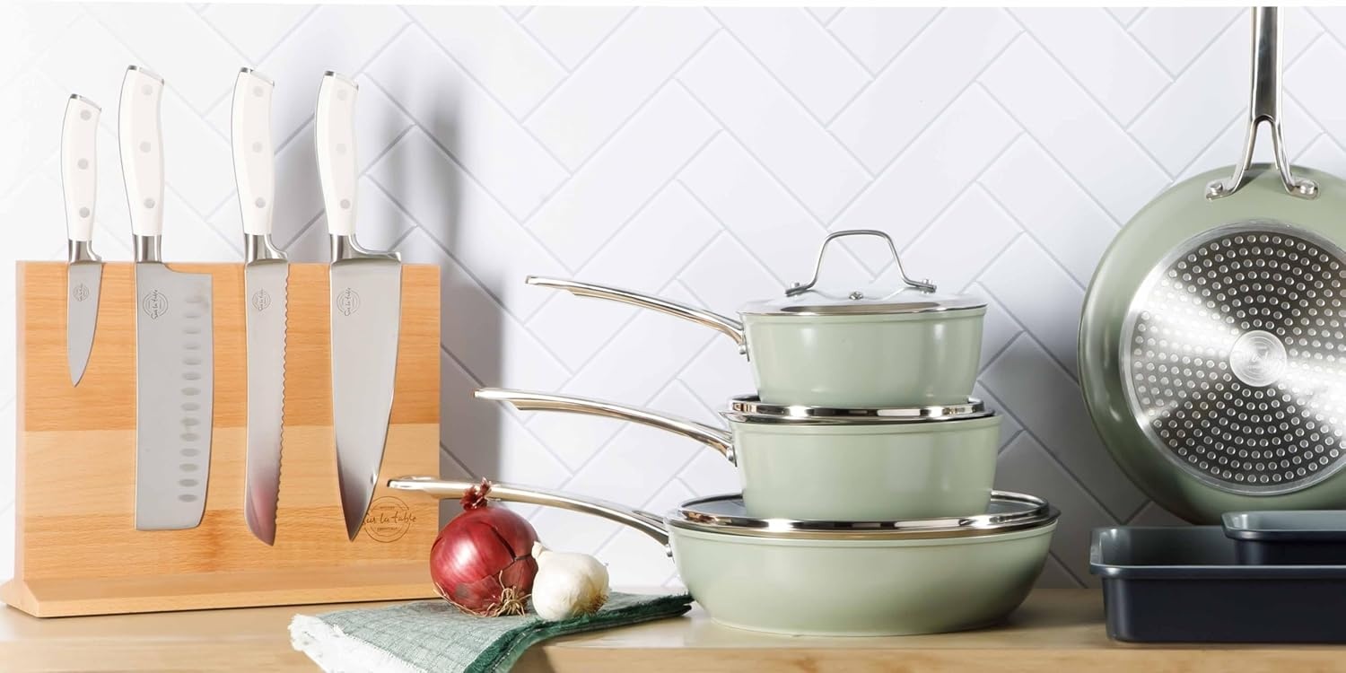 image:imageSur La Table Kitchen Essentials 5 Piece German Steel Blade wTriple Riveted Handle Set on Beechwood Magnetic Block BlackLinen White 5pc Set