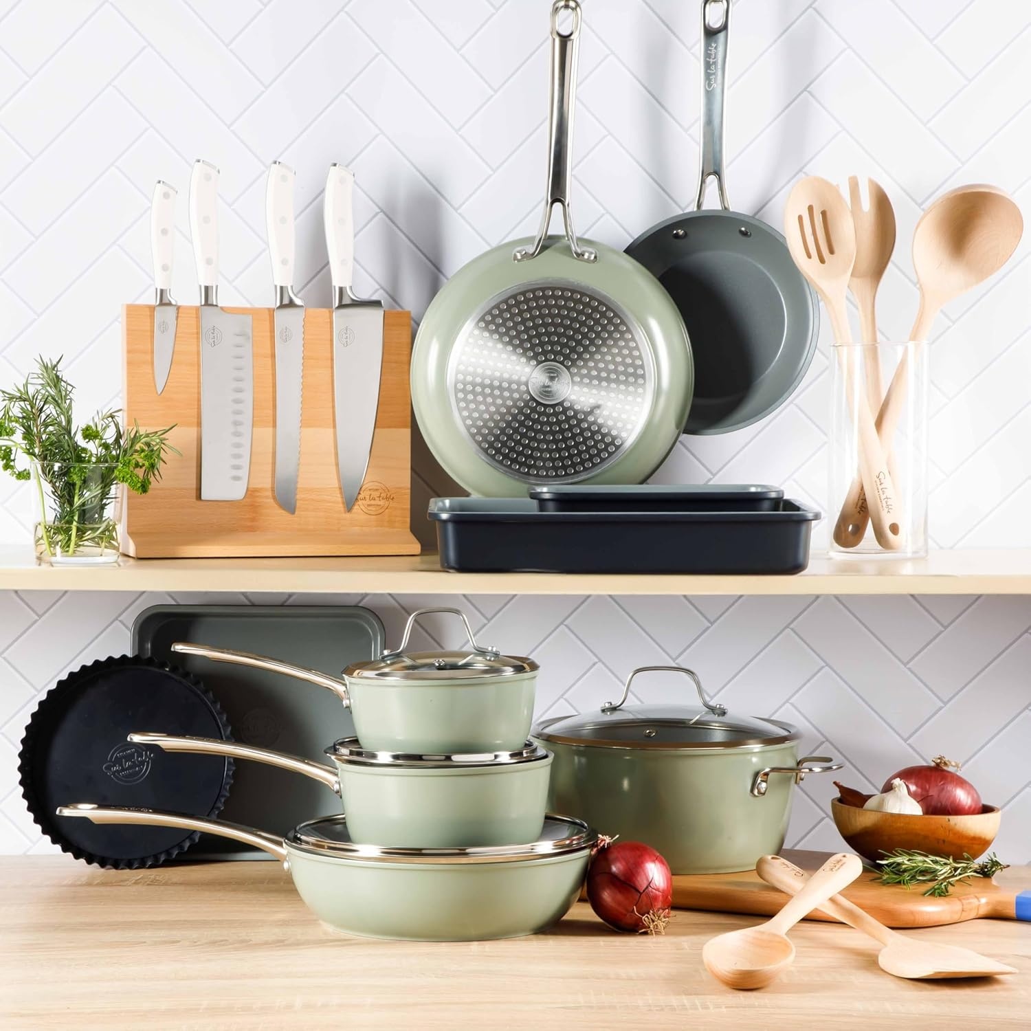 image:imageSur La Table Kitchen Essentials 5 Piece German Steel Blade wTriple Riveted Handle Set on Beechwood Magnetic Block BlackLinen White 5pc Set