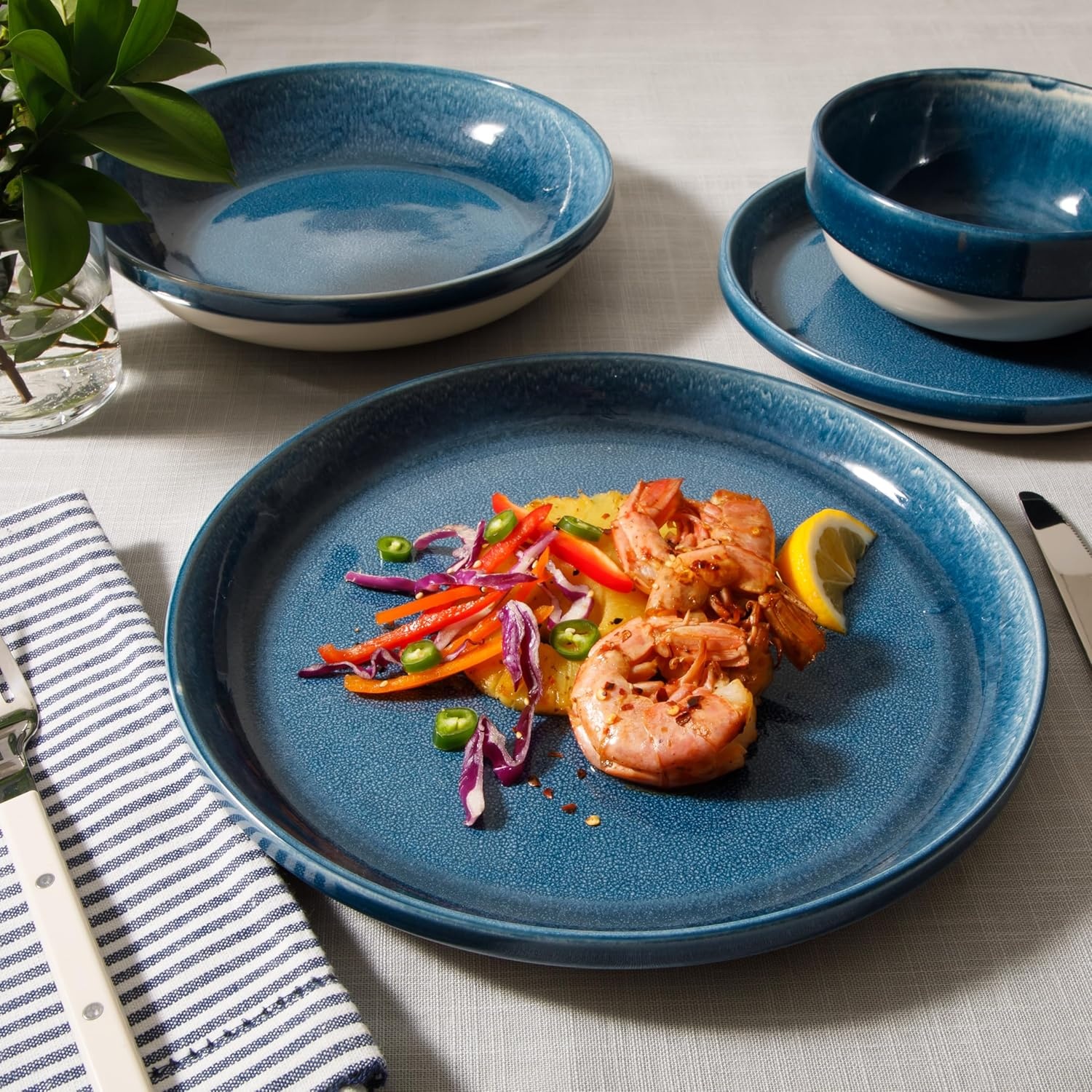 image:imageSur La Table Kitchen Essentials Banquette 16 Piece Double Bowl Plates and Bowls Reactive Glaze Stoneware Dinnerware Set GreenBlue