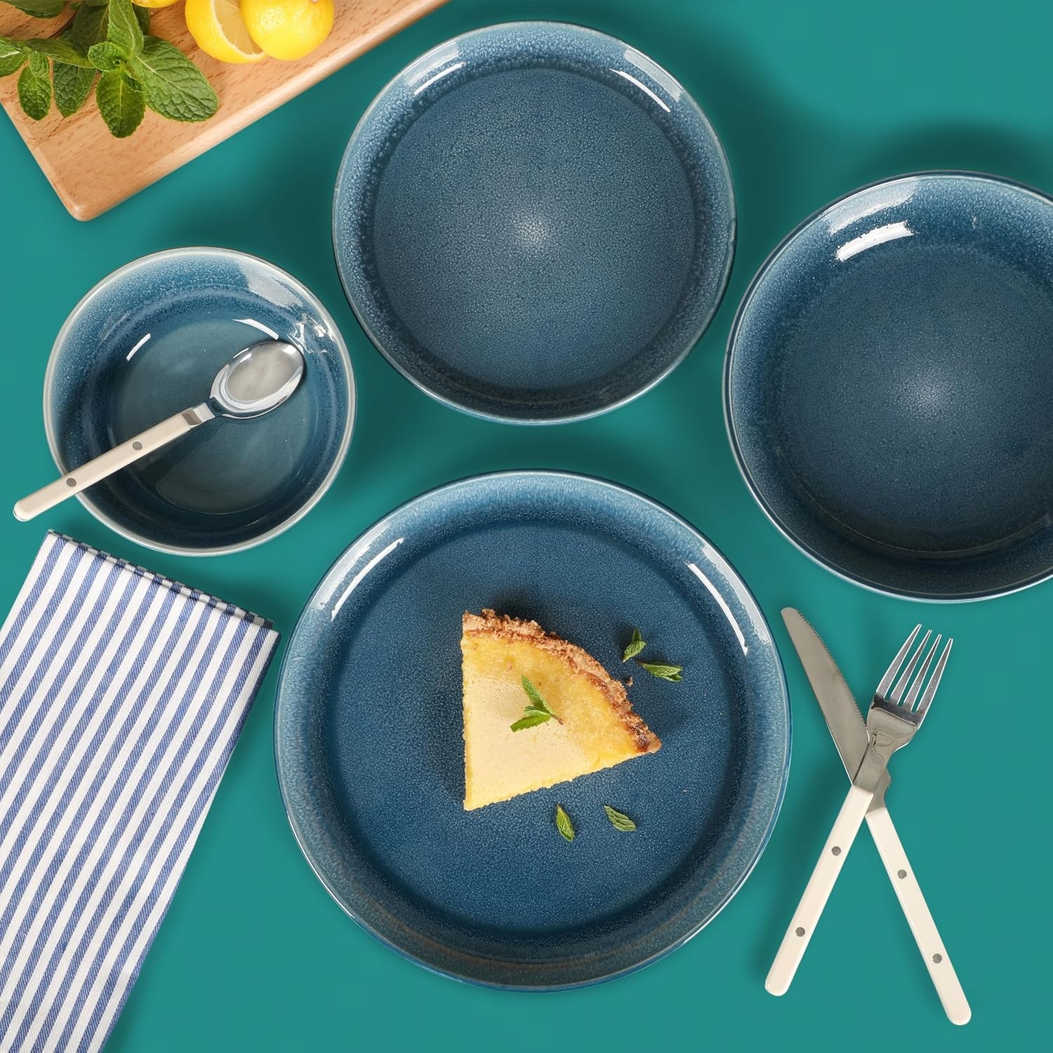 image:imageSur La Table Kitchen Essentials Banquette 16 Piece Double Bowl Plates and Bowls Reactive Glaze Stoneware Dinnerware Set GreenBlue