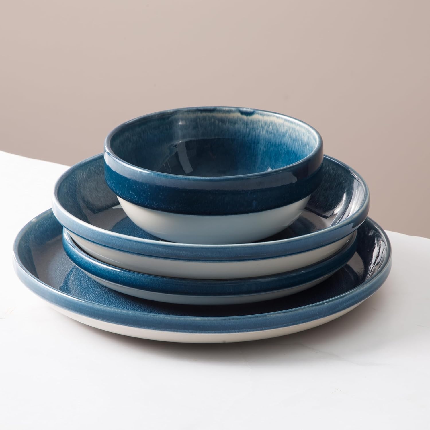 image:imageSur La Table Kitchen Essentials Banquette 16 Piece Double Bowl Plates and Bowls Reactive Glaze Stoneware Dinnerware Set GreenBlue