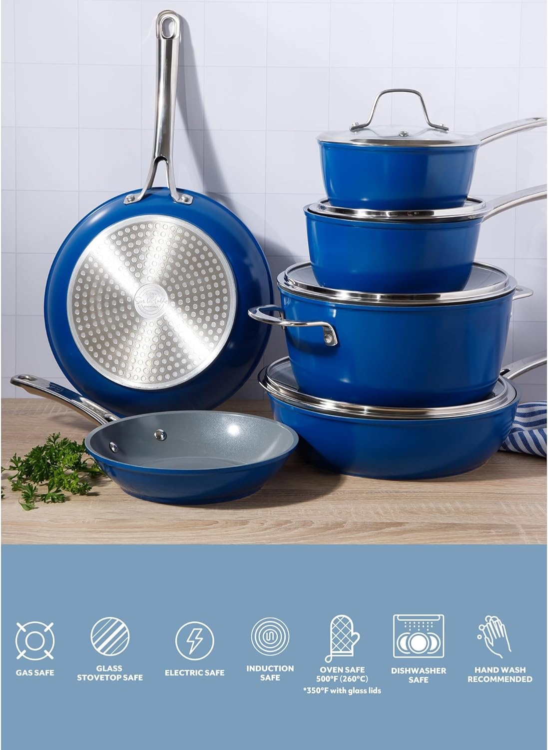 image:imageSur La Table Kitchen Essentials Cool Commune Hard Anodized 10 Piece PFA Free Ceramic Non stick Interior Forged Durable Aluminum Pots and Pans Cookware Set Black Induction CompatibleBlue Hard Anodized Aluminum
