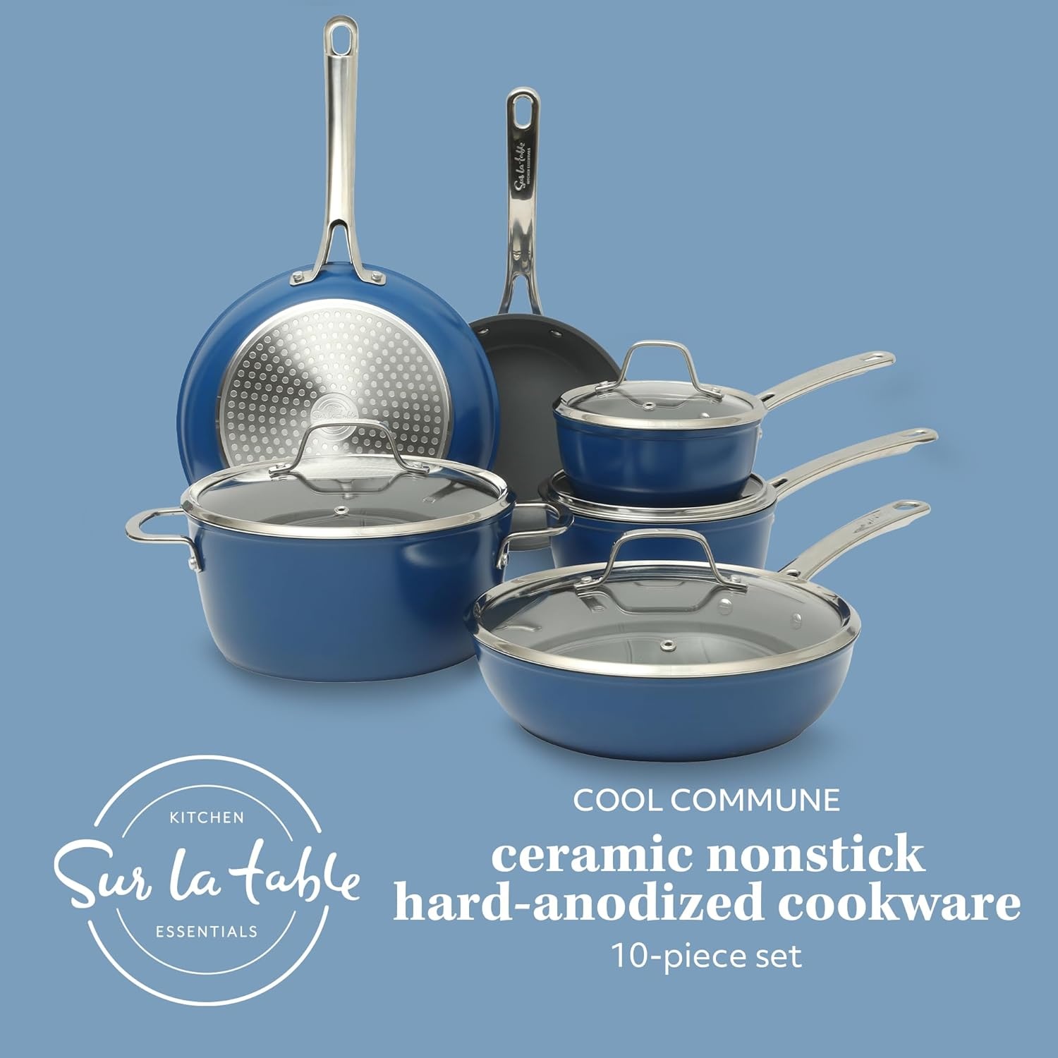 image:imageSur La Table Kitchen Essentials Cool Commune Hard Anodized 10 Piece PFA Free Ceramic Non stick Interior Forged Durable Aluminum Pots and Pans Cookware Set Black Induction CompatibleBlue Hard Anodized Aluminum