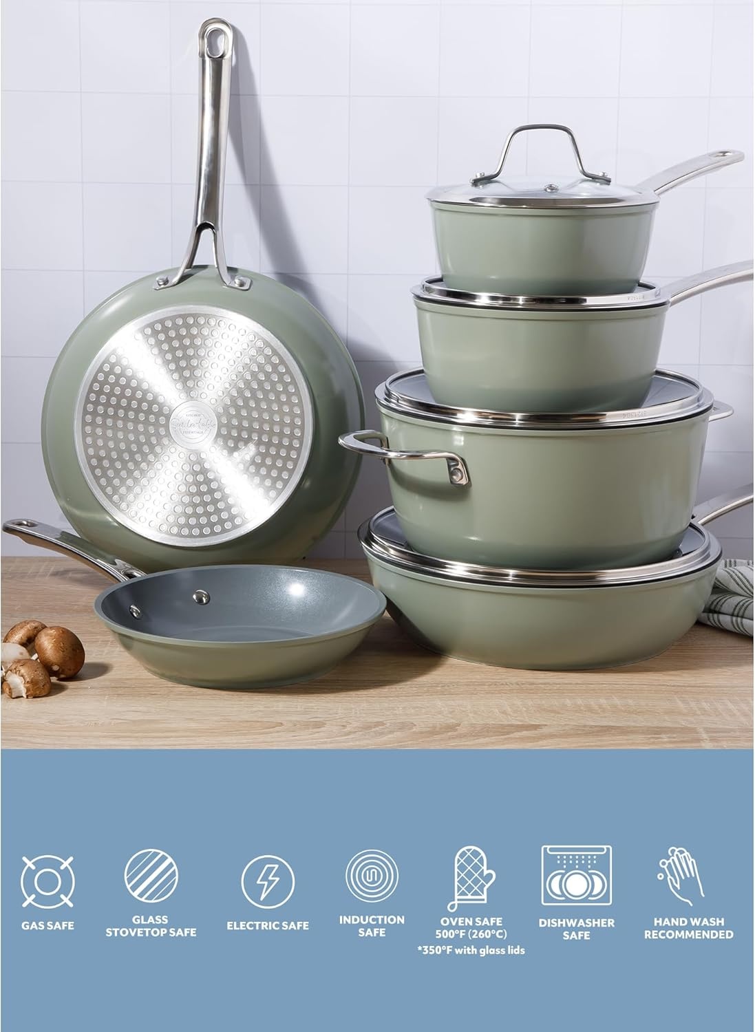 image:imageSur La Table Kitchen Essentials Cool Commune Hard Anodized 10 Piece PFA Free Ceramic Non stick Interior Forged Durable Aluminum Pots and Pans Cookware Set Black Induction CompatibleGreen Hard Anodized Aluminum