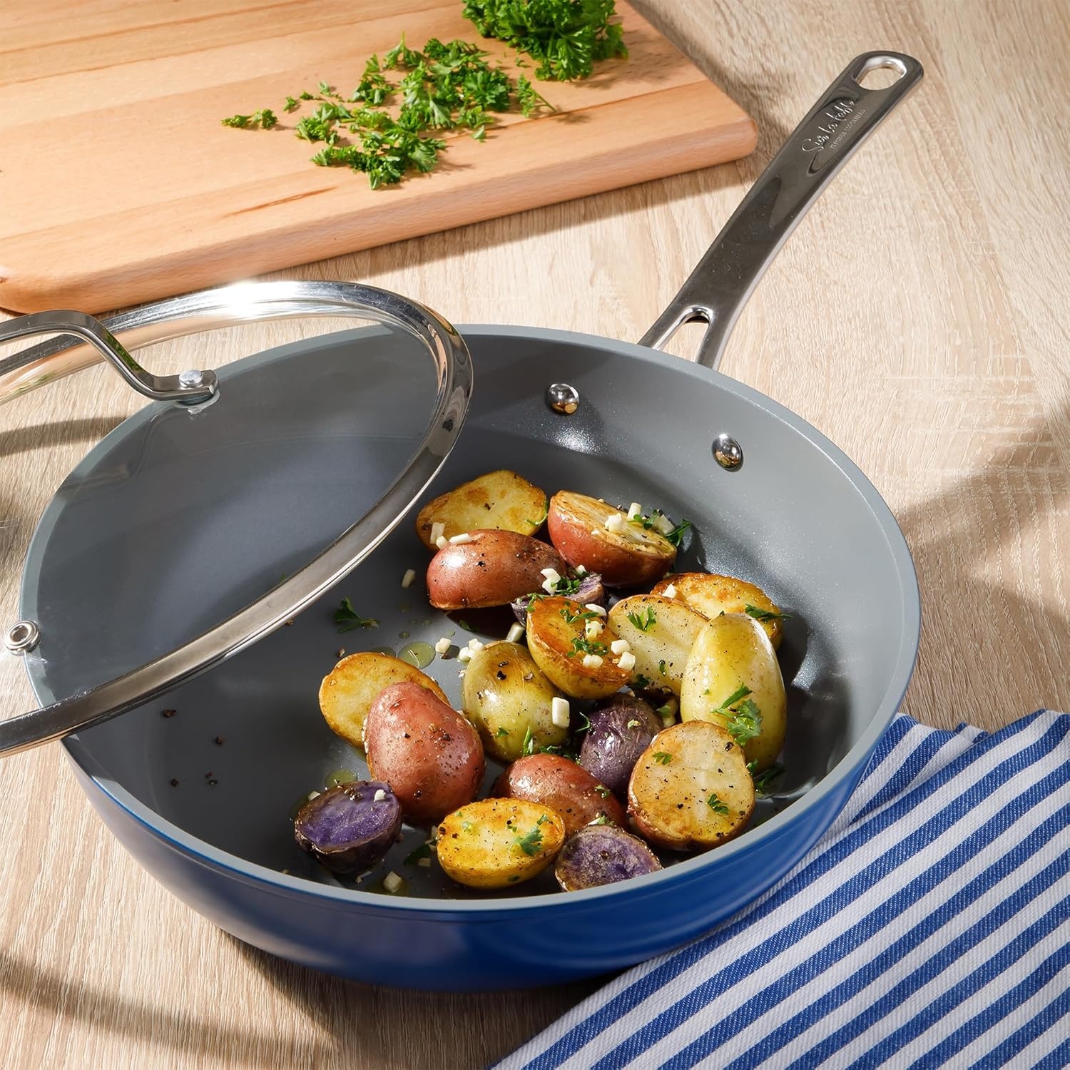 image:imageSur La Table Kitchen Essentials Cool Commune Hard Anodized 10 Piece PFA Free Ceramic Non stick Interior Forged Durable Aluminum Pots and Pans Cookware Set Black Induction CompatibleBlue Hard Anodized Aluminum