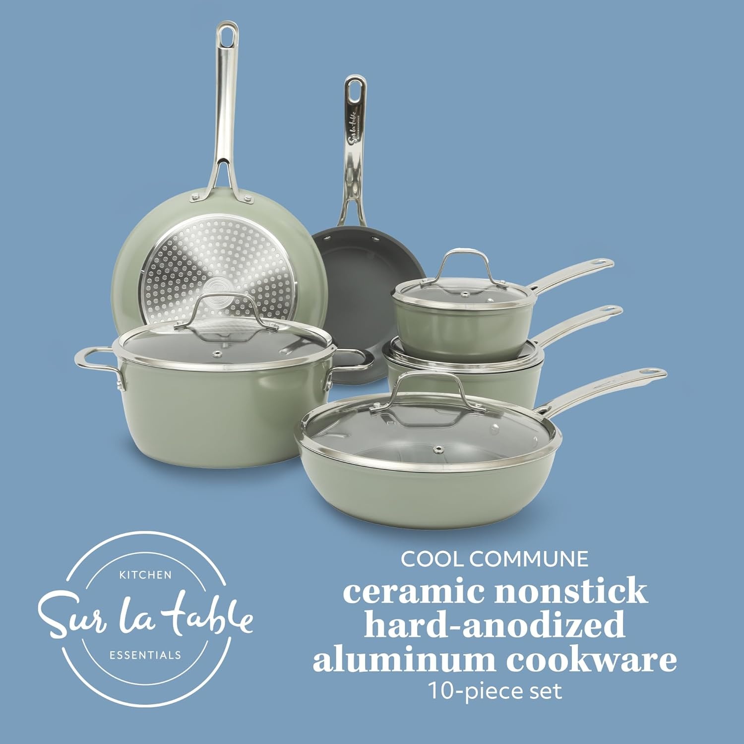 image:imageSur La Table Kitchen Essentials Cool Commune Hard Anodized 10 Piece PFA Free Ceramic Non stick Interior Forged Durable Aluminum Pots and Pans Cookware Set Black Induction CompatibleGreen Hard Anodized Aluminum