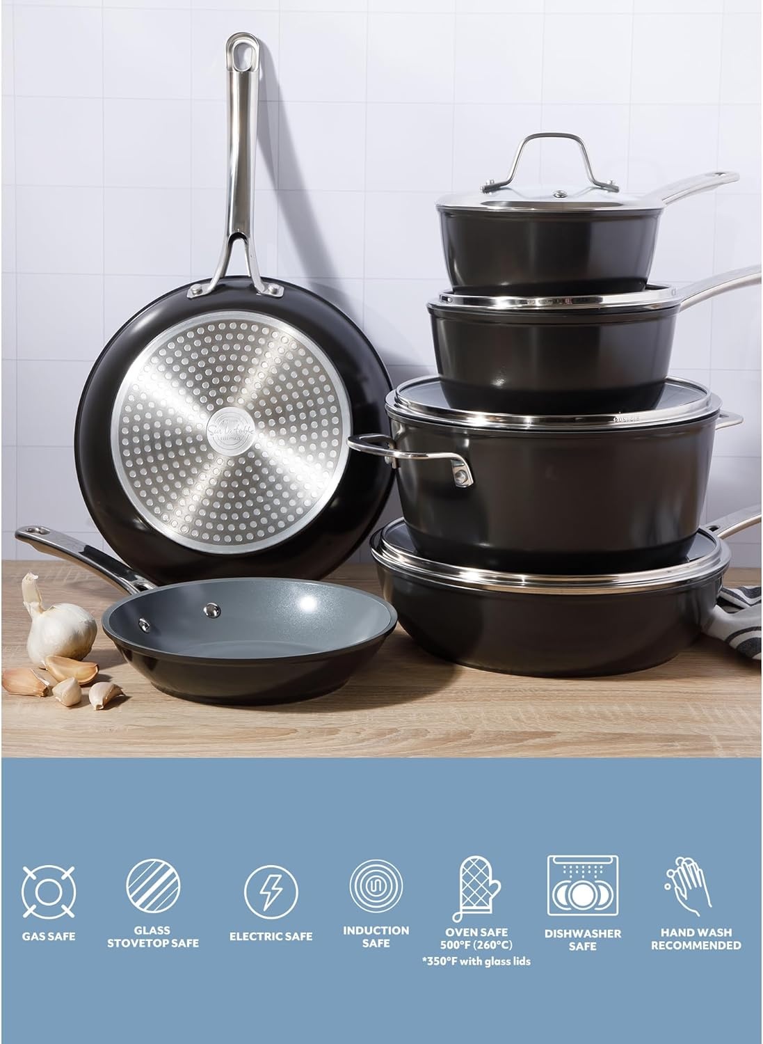 image:imageSur La Table Kitchen Essentials Cool Commune Hard Anodized 10 Piece PFA Free Ceramic Non stick Interior Forged Durable Aluminum Pots and Pans Cookware Set Black Induction CompatibleBlack Hard Anodized Aluminum