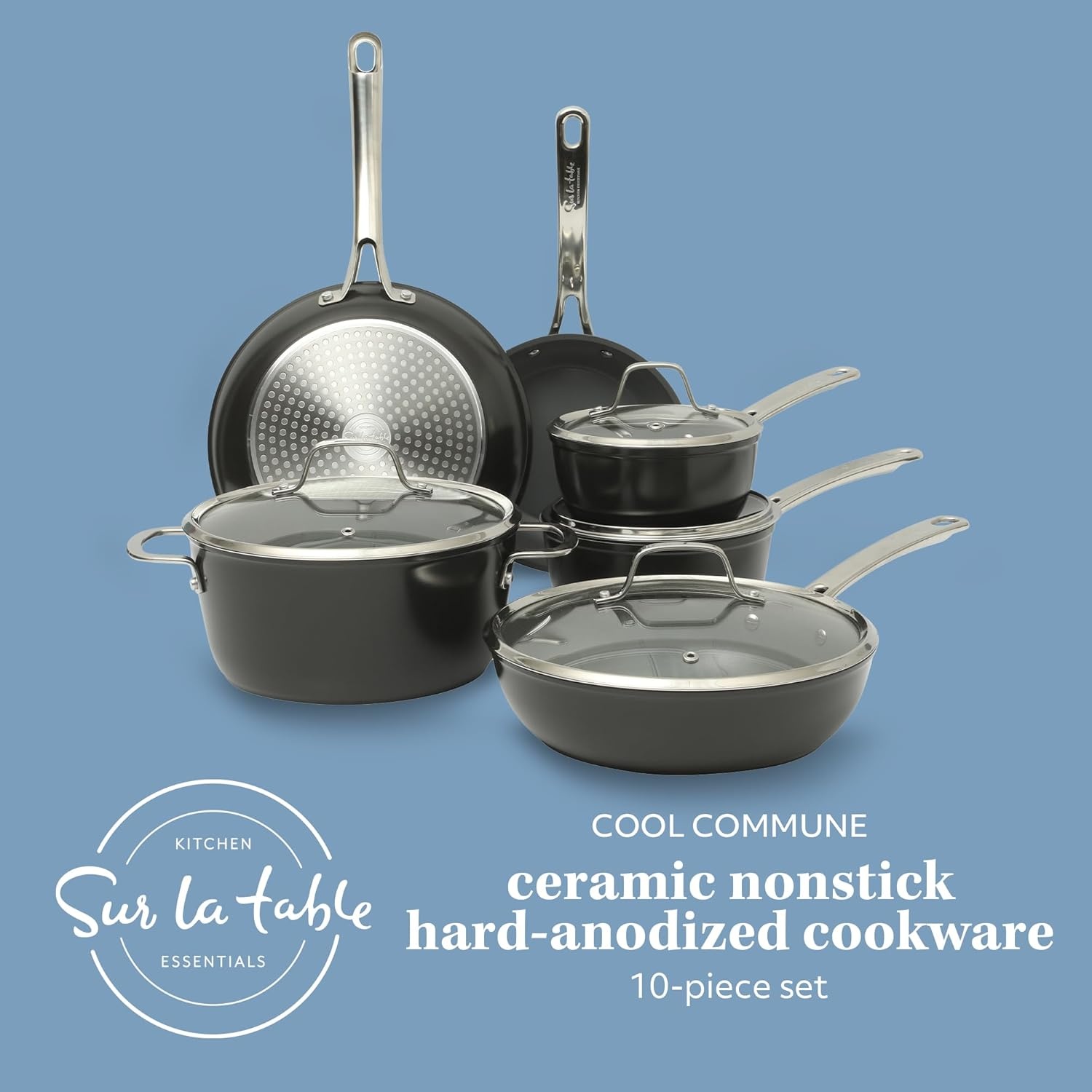 image:imageSur La Table Kitchen Essentials Cool Commune Hard Anodized 10 Piece PFA Free Ceramic Non stick Interior Forged Durable Aluminum Pots and Pans Cookware Set Black Induction CompatibleBlack Hard Anodized Aluminum