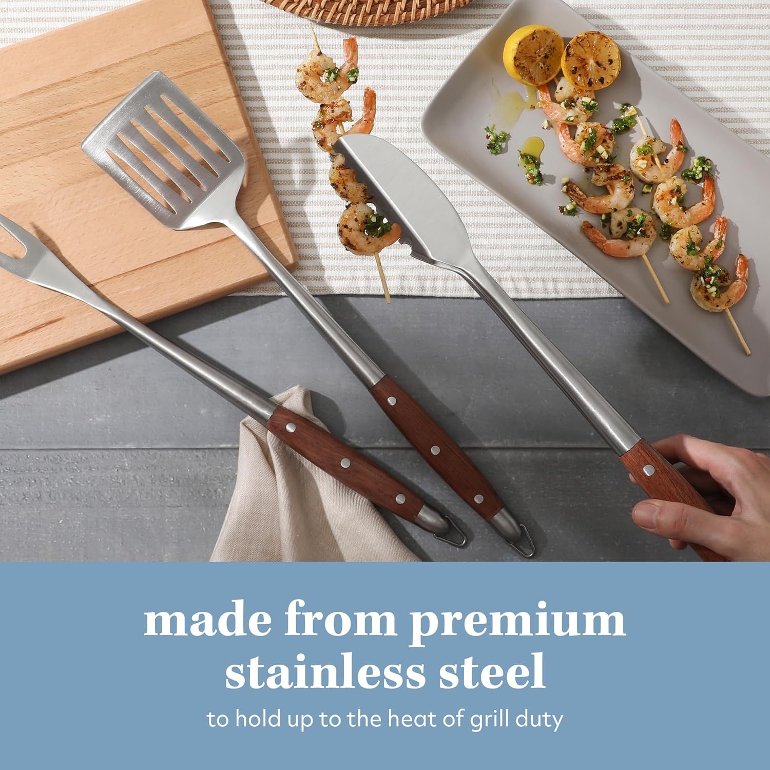 image:imageSur La Table Kitchen Essentials Family Cookout Heavy Duty Stainless Steel Grilling Tool Set WWooden Handles Tongs Slotted Turner and Fork Set